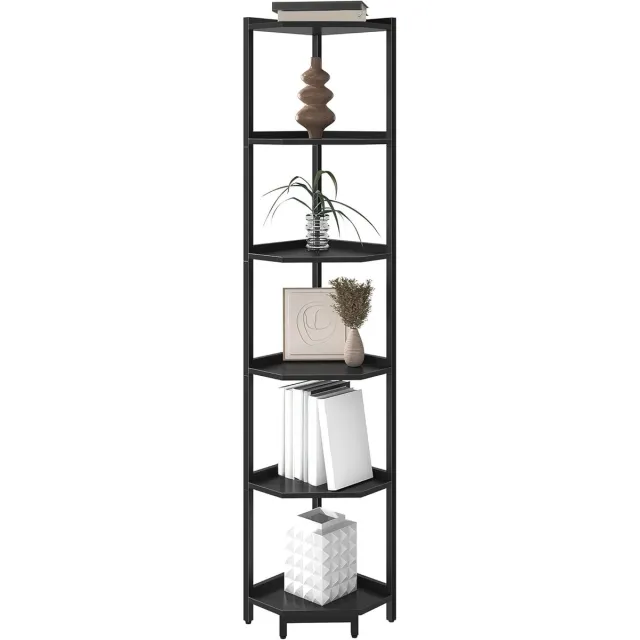 HILINSIE Hoekboekenkast met 6 niveaus, 30 x 30 x 167 cm, zwart Hoekplank, boekenkast met 6 niveaus, vrijstaande kast, opbergmeubel, geschikt voor woonkamer, studeerkamer en kantoor