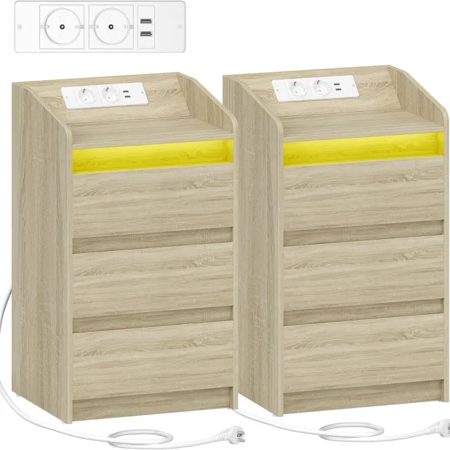 HILINSIE Nachtkastje Set van 2 met 3 laden, bijzettafel met oplaadstation en LED, 2 AC-stopcontacten en 2 USB-poorten voor slaapkamer, woonkamer, Eiken kleuren
