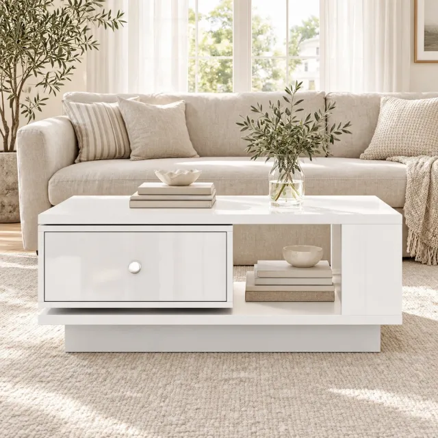 DESMIU Salontafel Met Draaibare Lade En Open Vak Hoogglans Wit Modern Voor Woonkamer En Interieur MDF Spaanplaat 90x48x35 Cm