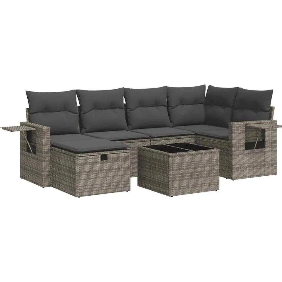 vidaXL 7-delige Loungeset met kussens poly rattan grijs, foto 3