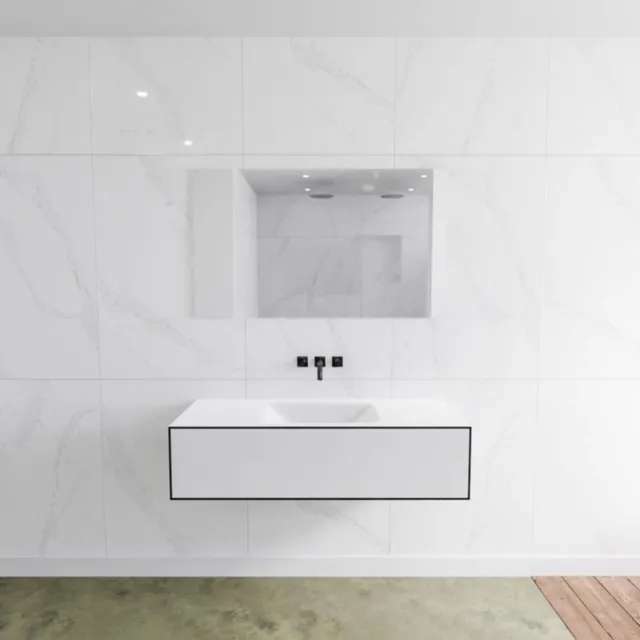 Mondiaz Badkamermeubelset Mondiaz LAGOM 120 cm met Gecentreerde Wastafel Solid Surface Zonder Kraangaten Mat Wit (1 lade)
