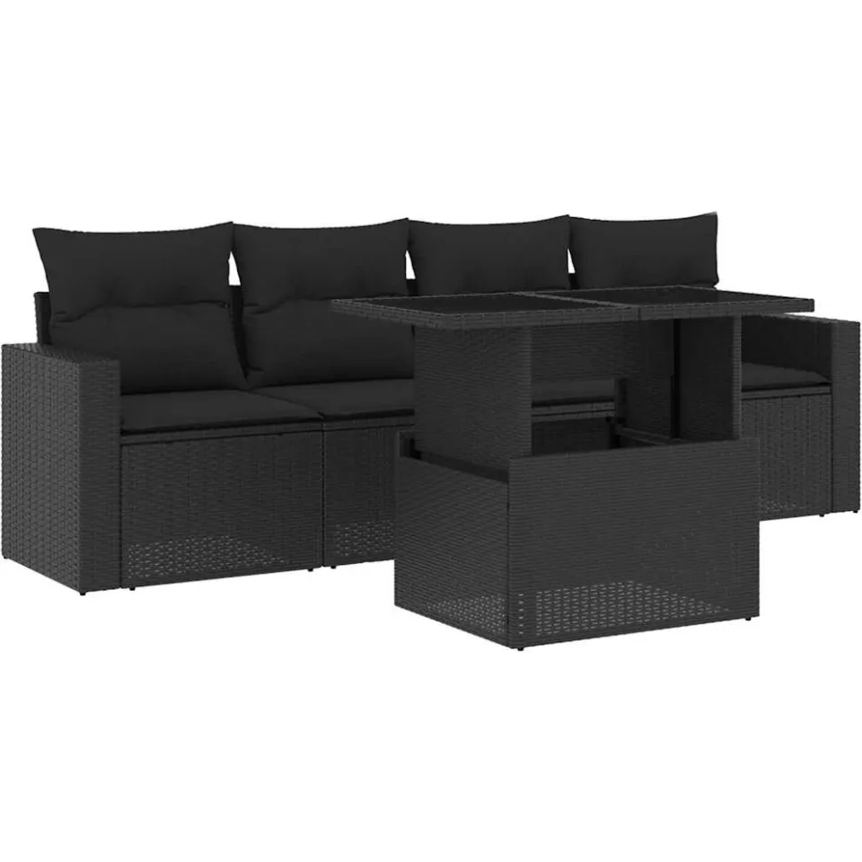 vidaXL 5-delige Loungeset met kussens poly rattan zwart, foto 3