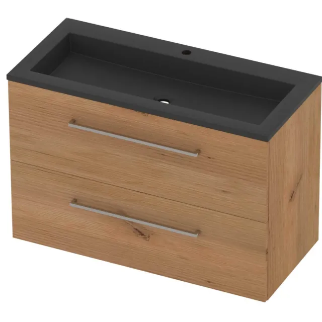Basic-Line Aura 46 Badmeubelset Acryl 1 Kraangat Voor Grepen 100x46x62 cm Whisky Oak Mat Zwart