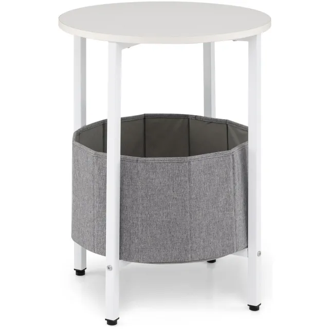Costway Bijzettafel rond, kleine tafel, woonkamertafel met stoffen mand, nachtkastje modern, 2 niveaus salontafel klein, metalen frame, voor woonkamer slaapkamer (wit + grijs)