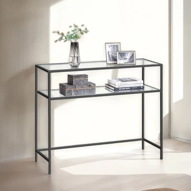 Songmics Consoletafel – Gehard glas – Goud – Modern design met metalen frame en 2 planken