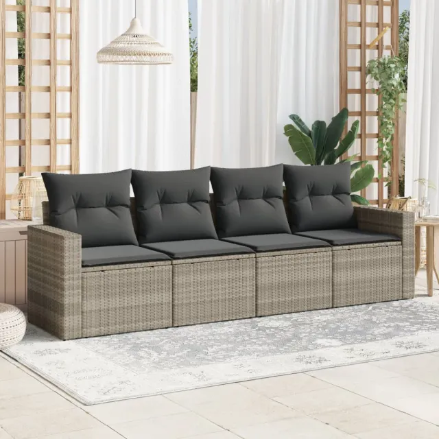 vidaXL 4-delige Loungeset met kussens poly rattan lichtgrijs grijs, foto 2