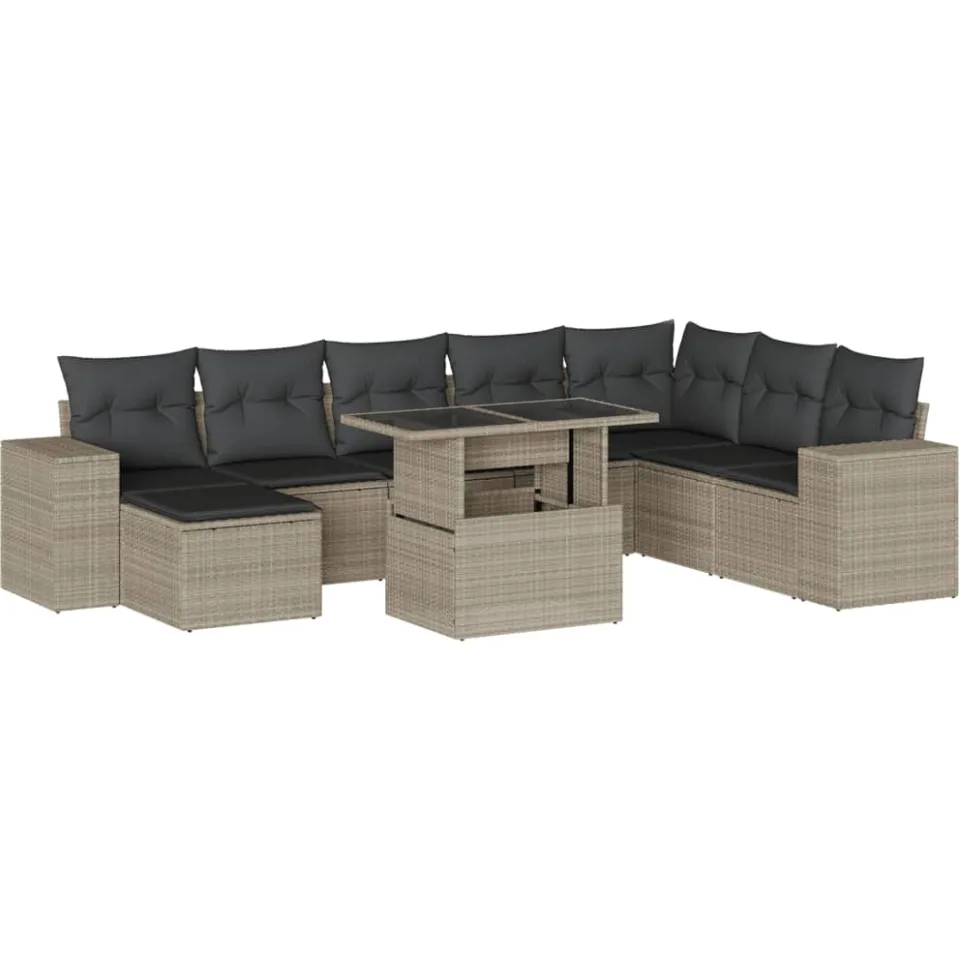 vidaXL 9-delige Loungeset met kussens poly rattan lichtgrijs grijs