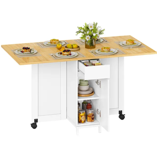 HILINSIE Opklapbare Eettafel, Opklapbaar Paneel met Wielen, Multifunctionele Opklapbare Tafel, Voorzien Van Lades, Kastjes en Twee Open Schappen, Wit Eiken Wit-Eiken