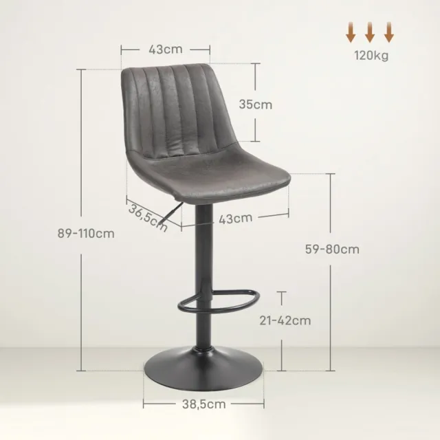 COVREO Barkruk set van 2 43x46,5x89-110 cm donkergrijs metaal, hoogteverstelbaar
