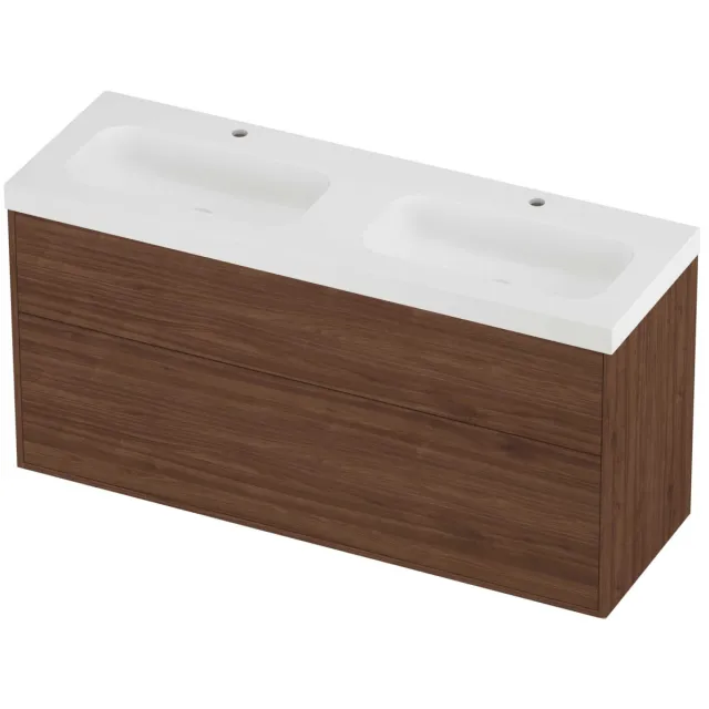 Proline Haga Badmeubelset Polystone Mezza 2 Laden 140x46x73 cm Mat White Indian Walnut Houtlook