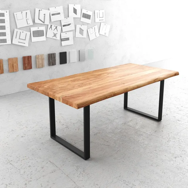 DELIFE Eetkamertafel Classic-Edge acacia natuur 200x100 Frame metaal zwart smal Bruin