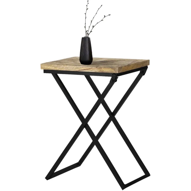 Famanu Moderne bijzettafel van massief mangohout met metalen frame, industrieel ontwerp, 48x35x63cm, perfect als salontafel of bartafel Naturel