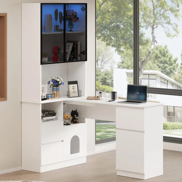REDOM Hoekbureau Met Opbergruimte En Led-Vitrinekast - Modern - Voor Thuiskantoor - MDF - Wit - 120 X 80 X 180 Cm