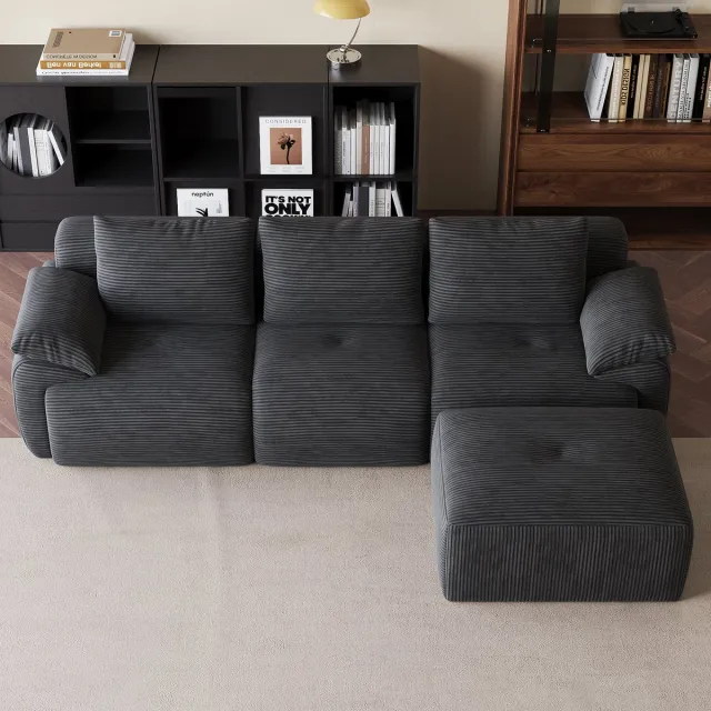 ROSAHQNDA Modulaire bank 264x161x71 cm, l vorm hoekbank met chaise longue, loungebank voor woonkamer, compressie bank van ribstof, geen montage nodig, donkergrijs