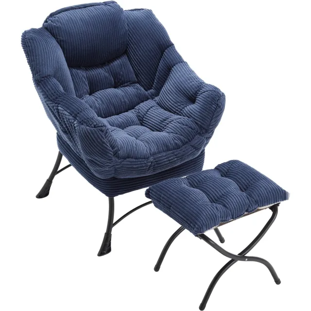MUVANO Fauteuil Met Voetenbank - Ergonomische Luie Stoel - Zachte Flanellen Leesstoel - 69,9x64x95 cm - Met Zijvak - Voor Woonkamer Marineblauw
