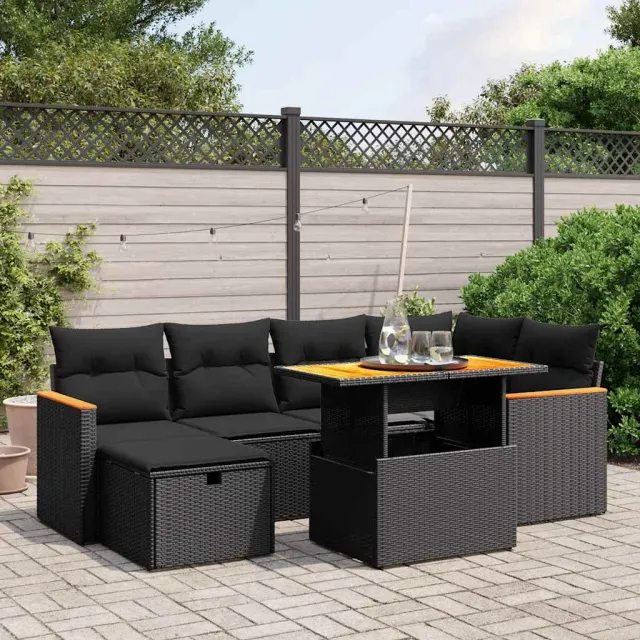 vidaXL 7-delige Loungeset met kussens poly rattan zwart, foto 2