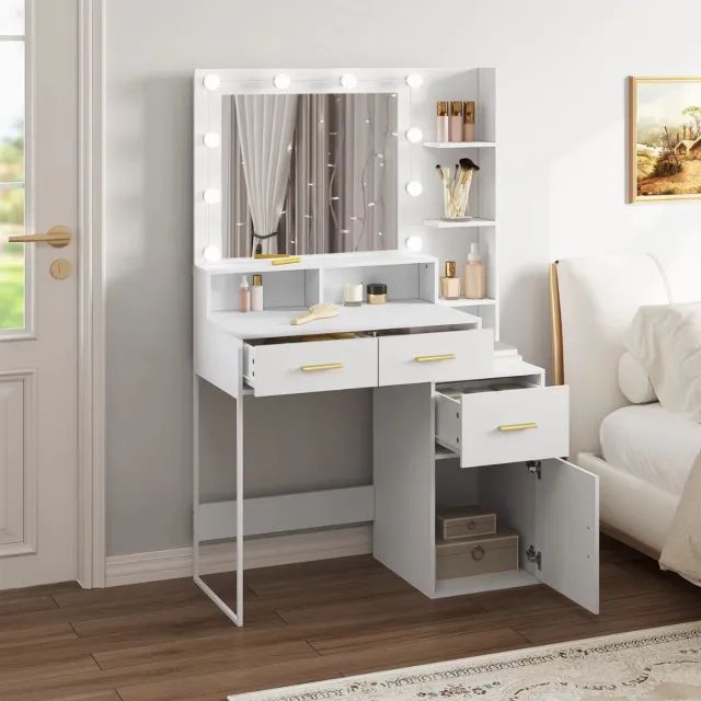 Happiq Kaptafel Wit met LED-Verlichting - Make-up Spiegel met Verstelbare Helderheid 90x143x39,5 cm - Cosmetische Tafel voor Dames & Meisjes