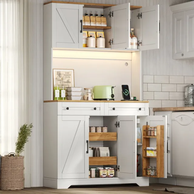 MIVRAY Keukenkast - Hoge Voorraadkast Met LED Verlichting En Stopcontact - Voor Keuken En Eetkamer - MDF - Wit Naturel - 100x40x180 Cm Natuurlijk + wit