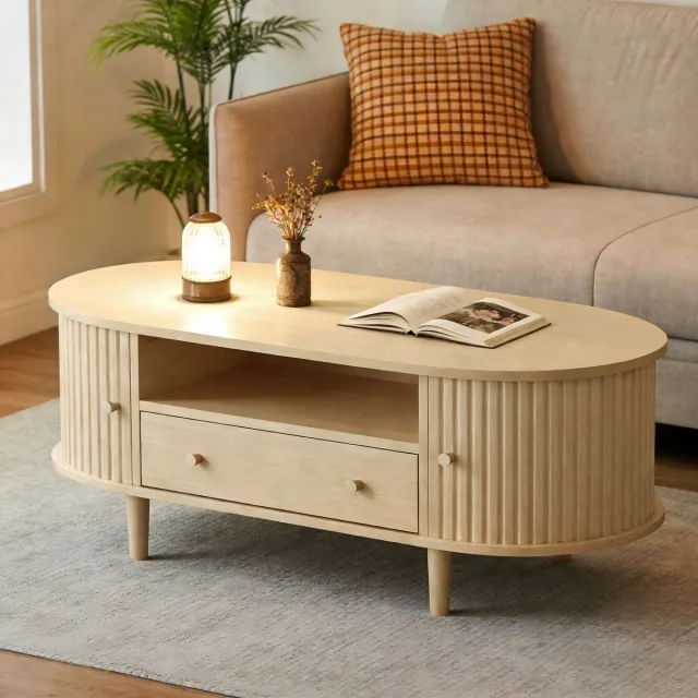 FloraGrace Salontafel - Ovaal Met Lade En Roldeur - Voor Woonkamer En Kleine Ruimtes - MDF In Eikenkleur - 100x50x36 Cm Eikenlook