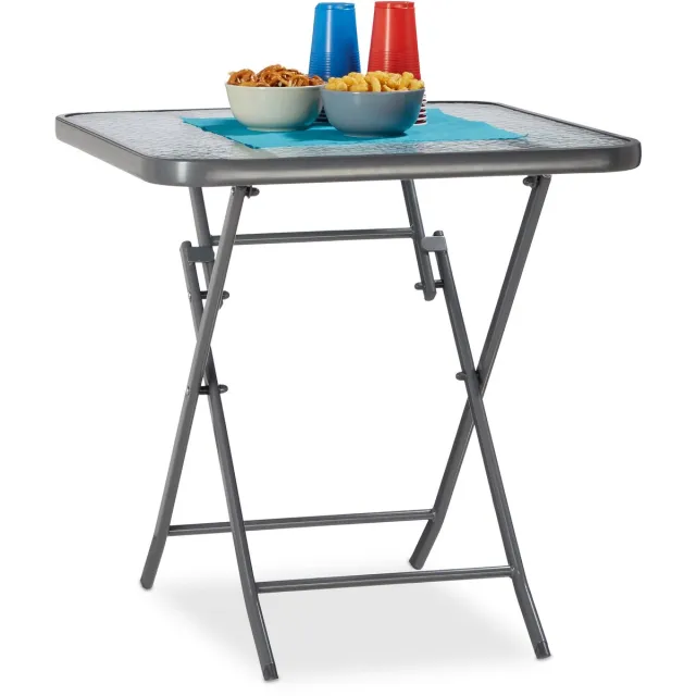 Relaxdays klaptafel - 70 x 70 cm - glazen tafelblad - bistrotafel - metaal - grijs