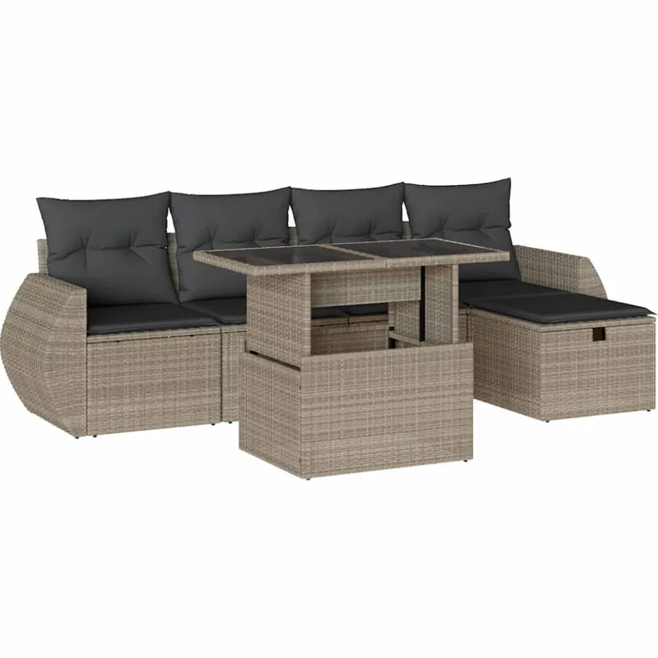 vidaXL 6-delige Loungeset met kussens poly rattan lichtgrijs grijs, foto 3