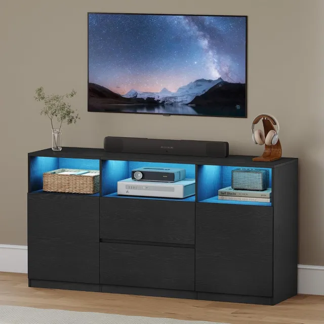 HILINSIE tv-meubel met RGB LED-verlichting (25 kleuren), zwart, tv-standaard voor tv's tot 65 inch, dressoir met lades en 3 open vakken, voor woonkamer en slaapkamer,147 x 40 x 76 cm