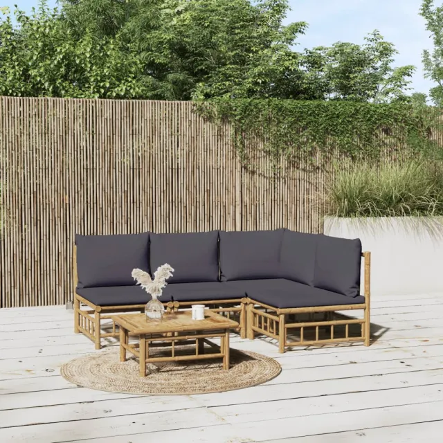 vidaXL 5-delige Loungeset met kussens bamboe donkergrijs bruin, foto 2