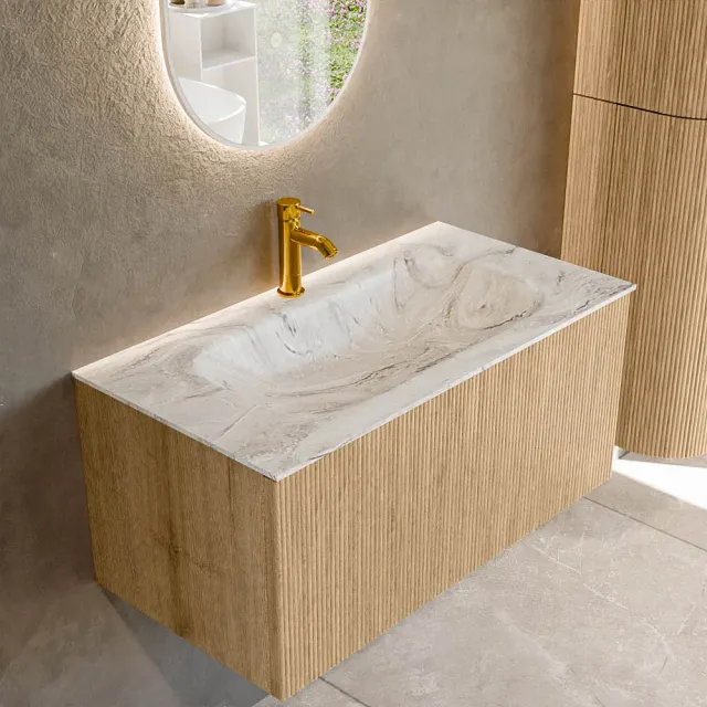 Mondiaz KURVE-DLUX 90 cm Onderkast Greeploos 1 Lade Zonder Deuren Oak, Wastafel Solid Surface Midden Glace 1 Kraangat Zonder Spiegel (KRVBGS901L0D1KM-Oak/Gla)