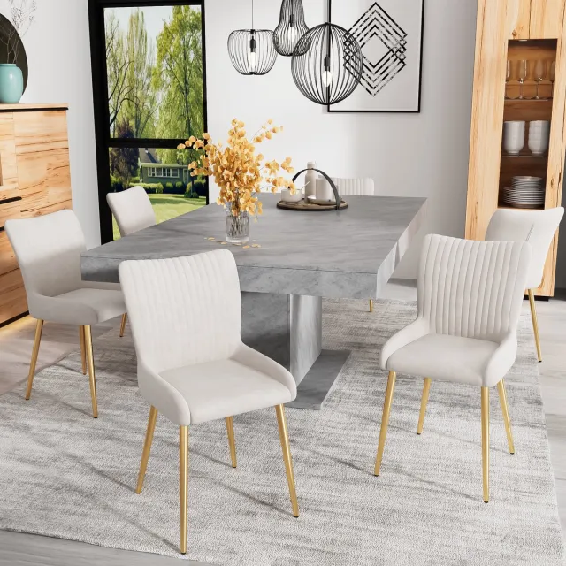Welltin Eetkamerstoel - Set van 6 - Luxe Stoel - Beige Stoel - Woonkamer Stoel - Slaapkamer Stoel - Lounge Stoel - Eetkamerstoelen met Gouden Metalen Poten - Comfortabele Stoel met Lendensteun - Moderne Stoelen - Beige