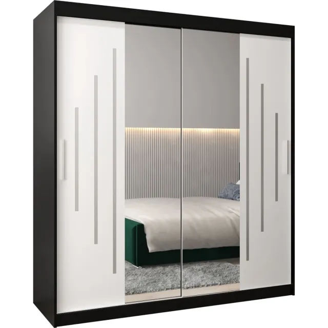 InspireME Kledingkast met 2 schuifdeuren, Modern-stijl, Een kledingkast met planken en een spiegel (BxHxD): 180x200x62 - MALTESE I 180 Zwart Mat + Wit Mat