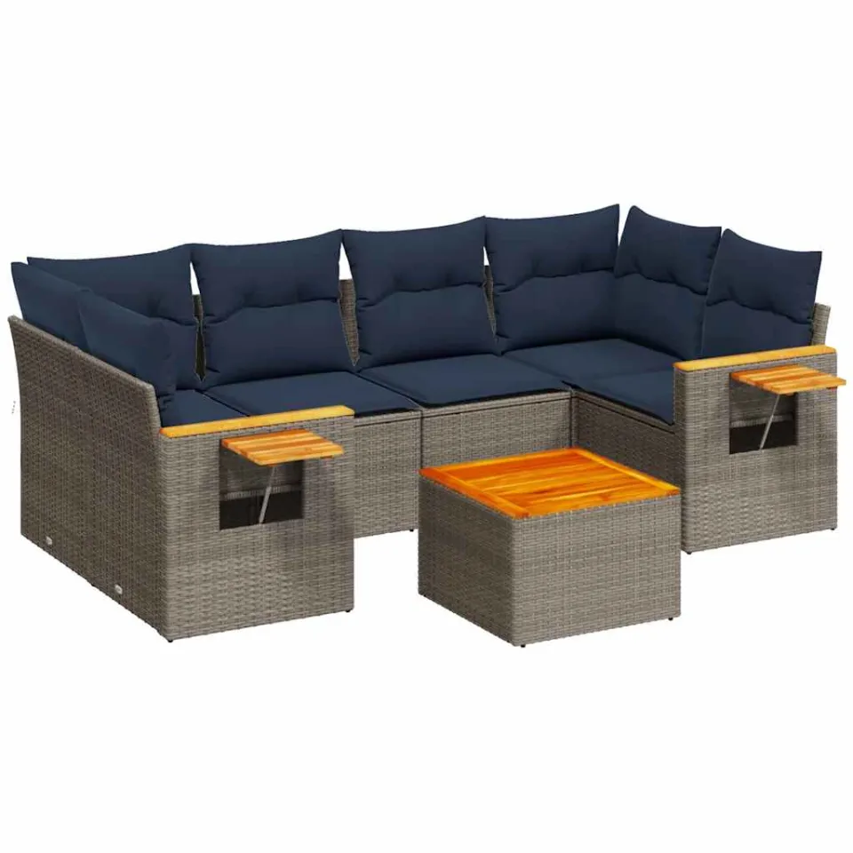 vidaXL 7-delige Loungeset met kussens poly rattan grijs, foto 3