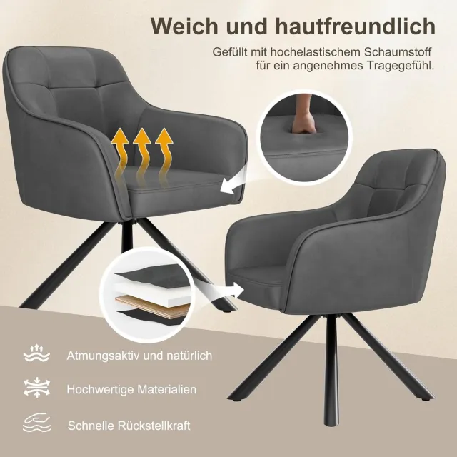 Laura Eetkamerstoel 360° Draaibaar met Armleuningen en Fluwelen Bekleding – Extra Breed & Ergonomisch – Set van 2 – 45x43x81 cm – Donkergrijs – Luxe Comfort voor Eetkamer, Keuken, Woonkamer en Kantoor | Laura