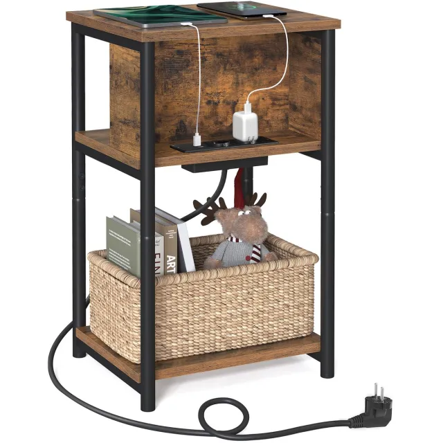 Vasagle Bijzettafel - Bijzettafeltjes Woonkamer - Nachtkastje met 2 USB-poorten - Smal Bijzettafeltje Bruin-Zwart