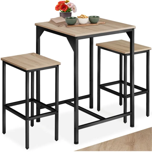 Tectake Bartafelset 3-delig - Bartafel met 2 barkrukken - Bistro bartafel met kruk - Industrieel Design - Zwart metalen frame - Draagkracht tafel 75 kg kruk 120 kg - Afmeting (LxBxH) tafel 60 x 60 x 91 cm kruk 40 x 30 x 66 cm - Lichtbruin