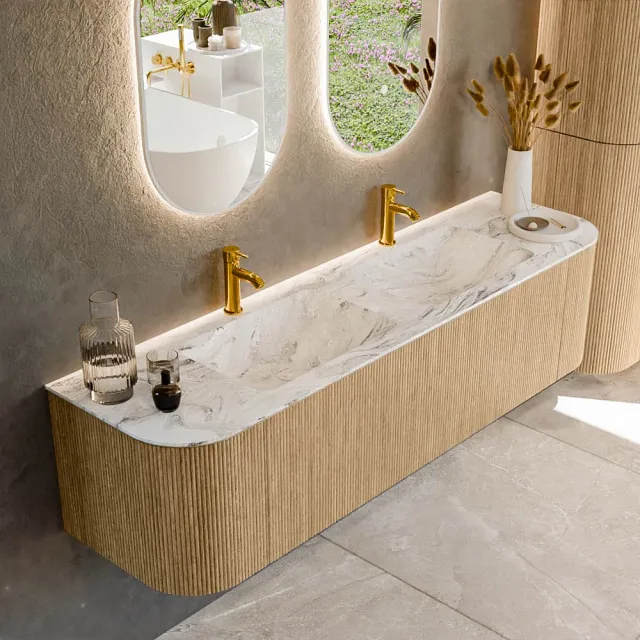 Mondiaz KURVE-DLUX 170 cm Onderkast Greeploos 1 Lade Met Deuren Oak, Wastafel Solid Surface Dubbel Glace 2 Kraangaten Zonder Spiegel (KRVLEA170L+R1L2D2KD-Oak/Gla)