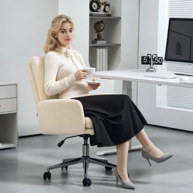 OKWISH Bureaustoel - Ergonomisch En Hoogteverstelbaar Met Vaste Armleuningen - Polyester - Cremewit - Draaibaar Met Wipfunctie