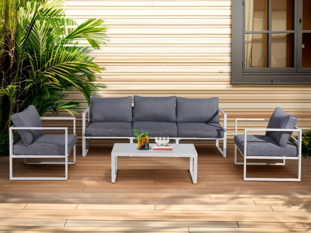 Bello Giardino Aluminium Tuin Loungeset MOSTRARE Wit | 3-zitsbank, 2 Fauteuils en Salontafel | Grijze Kussens Grijs