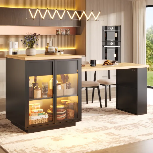 MIVRAY Uitschuifbare Eettafel - Keukeneiland Met Opbergruimte En Ledverlichting - MDF En Metaal - Zwart - 122 Tot 194,5 Cm