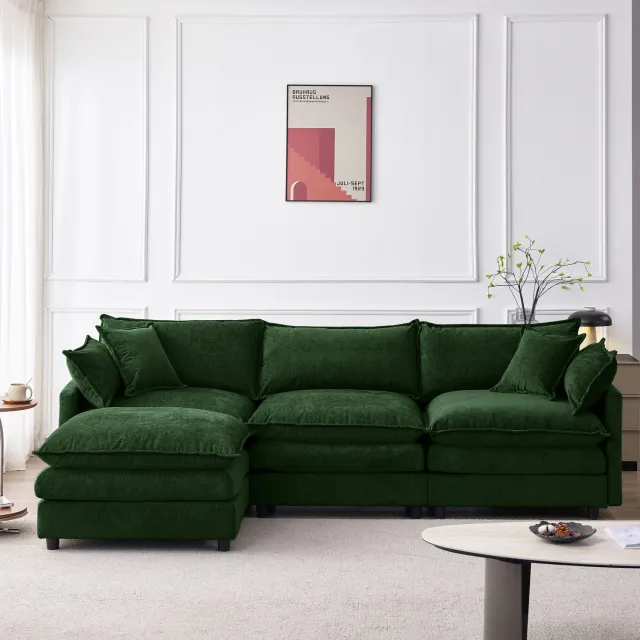 KOMHTOM Modulaire hoekbank - Chenille - 3-zitsbank met chaise longue - Inclusief poef - L-vorm - Voor kleine woonkamers Groen
