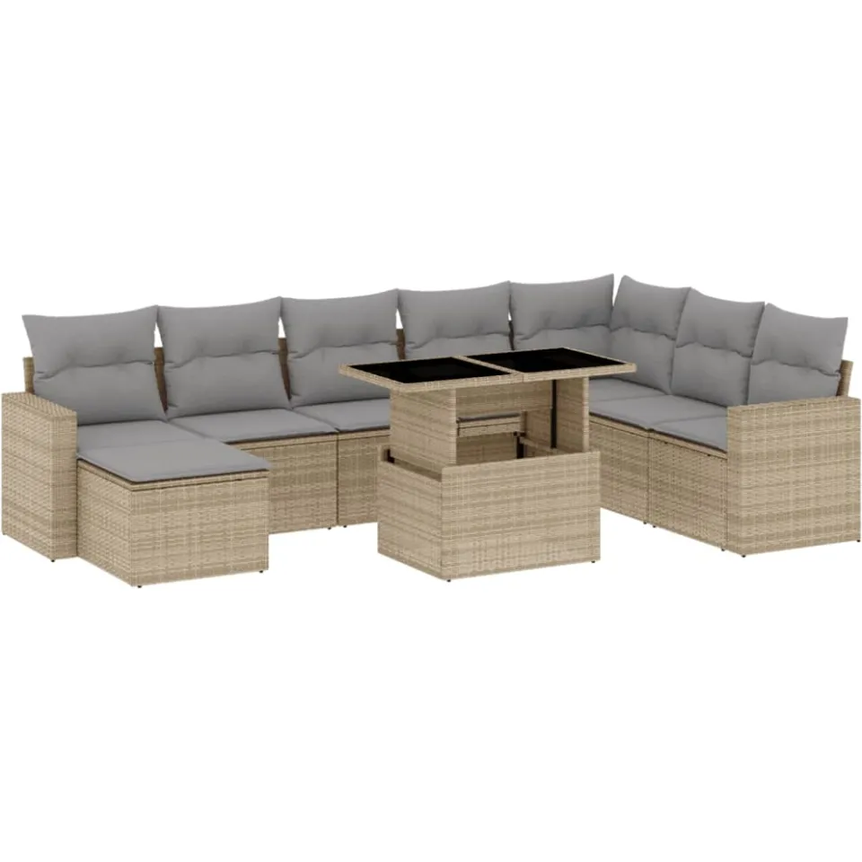 vidaXL 9-delige Loungeset met kussens poly rattan beige