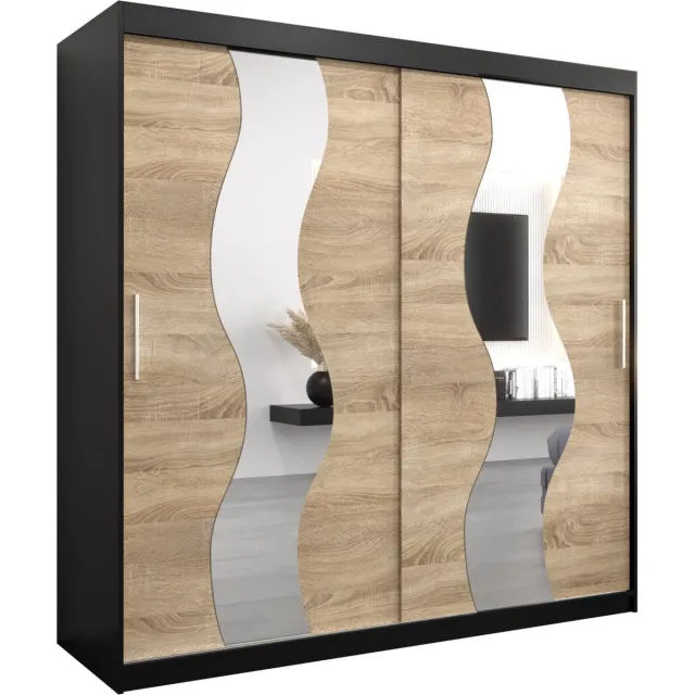 InspireME Kledingkast met 2 schuifdeuren, Modern-stijl, Een kledingkast met planken en een spiegel (BxHxD): 200x200x62 - REESE 200 Zwart Mat + Sonoma Eik