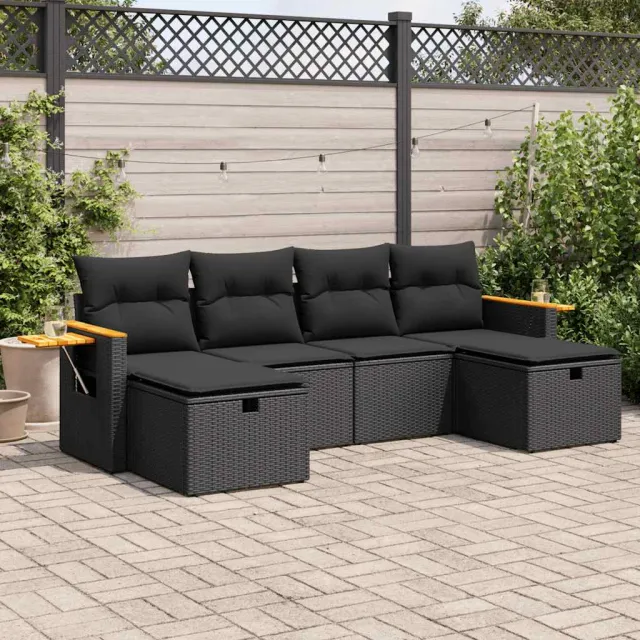 vidaXL 6-delige Loungeset met kussens poly rattan zwart, foto 2