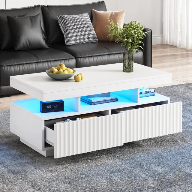 MODENUIT Salontafel - Met 2 Laden, Open Middenvak En LED-Verlichting - Voor Woonkamer - Spaanplaat Wit - 100x50x45 cm
