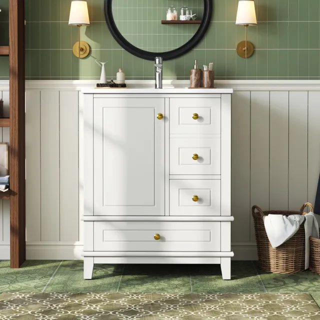 REDOM Badkamer wastafelmeubel - 61 cm - Hoogglans wit - MDF en keramische wastafel - 3 lades - 1 deur met soft-close - Klassiek - Vrijstaand - 61 x 47 x 86 cm