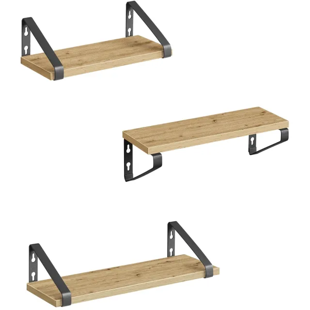 LEOBERT LWS033B88 Wandplanken - Set van 3 - Artisan Eikenlook en Zwart - 30, 35 en 40 cm