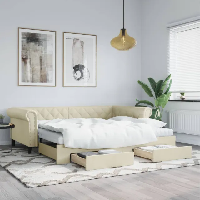 vidaXL Slaapbank met onderschuifbed en lades 90x200 cm kunstleer crème