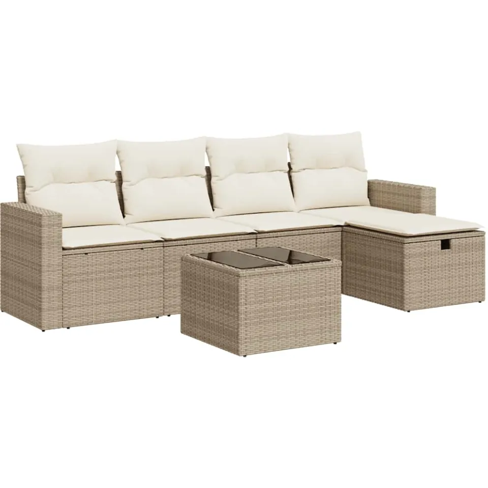vidaXL 6-delige Loungeset met kussens poly rattan beige, foto 3