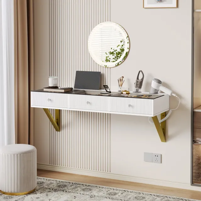 OKWISH Kaptafel Hangend - 3 Schuifladen Met Glasblad - Make-up Opbergen Voor Slaapkamer - MDF En Spaanplaat Wit - 120×40×45 Cm