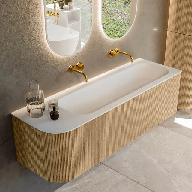 Mondiaz KURVE 145 cm Onderkast Greeploos 1 Lade Met Deuren Oak, Wastafel Solid Surface Rechts Talc 0 Kraangaten Zonder Spiegel (KRVBGL145L1L1D0KR-Oak/Tal)