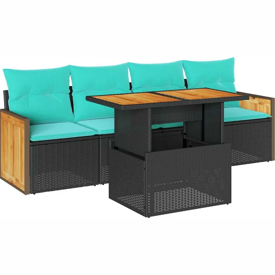 vidaXL 5-delige Loungeset met kussens poly rattan acacia zwart, foto 3